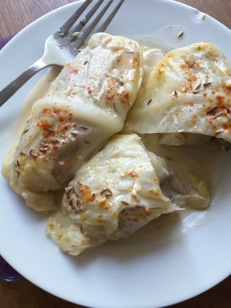 Cabbage rolls with giant fava beans and tehina sauce