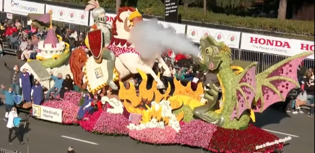 Brussels sprout-covered dragon smokes out that knight and his horse at the Rose Parade